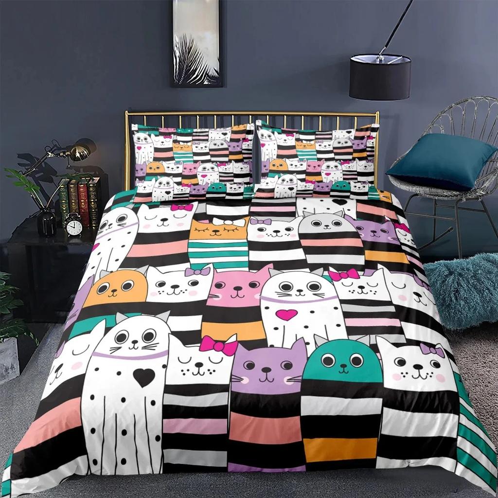 Cat Duvet Cover Polyester Pattern with Hipster Playful Feline Characters, Decorative 3 Piece Twin Bedding Set with 2 Pillow Sham