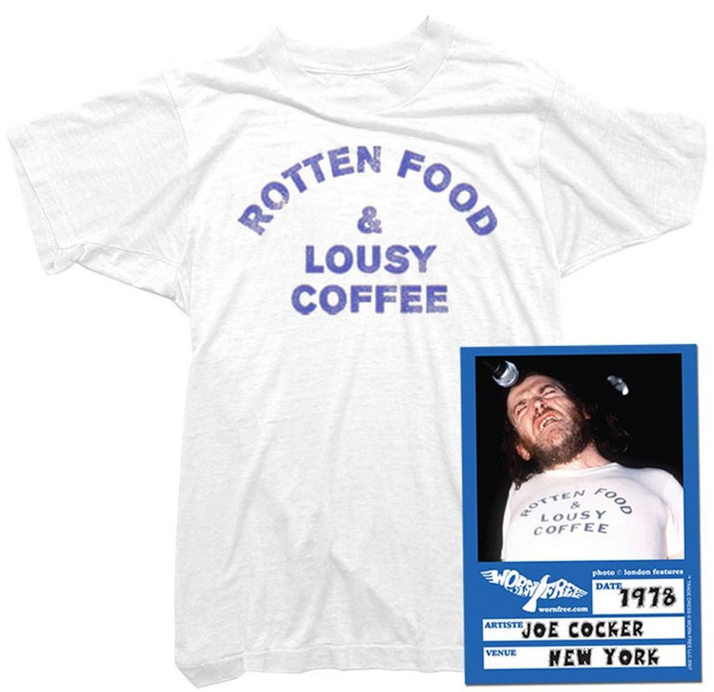 Joe Cocker Mens T-shirt Mens Kids Womens - Rotten Food & Lousy Coffee Tee worn by Joe Cocker - Officially Licensed