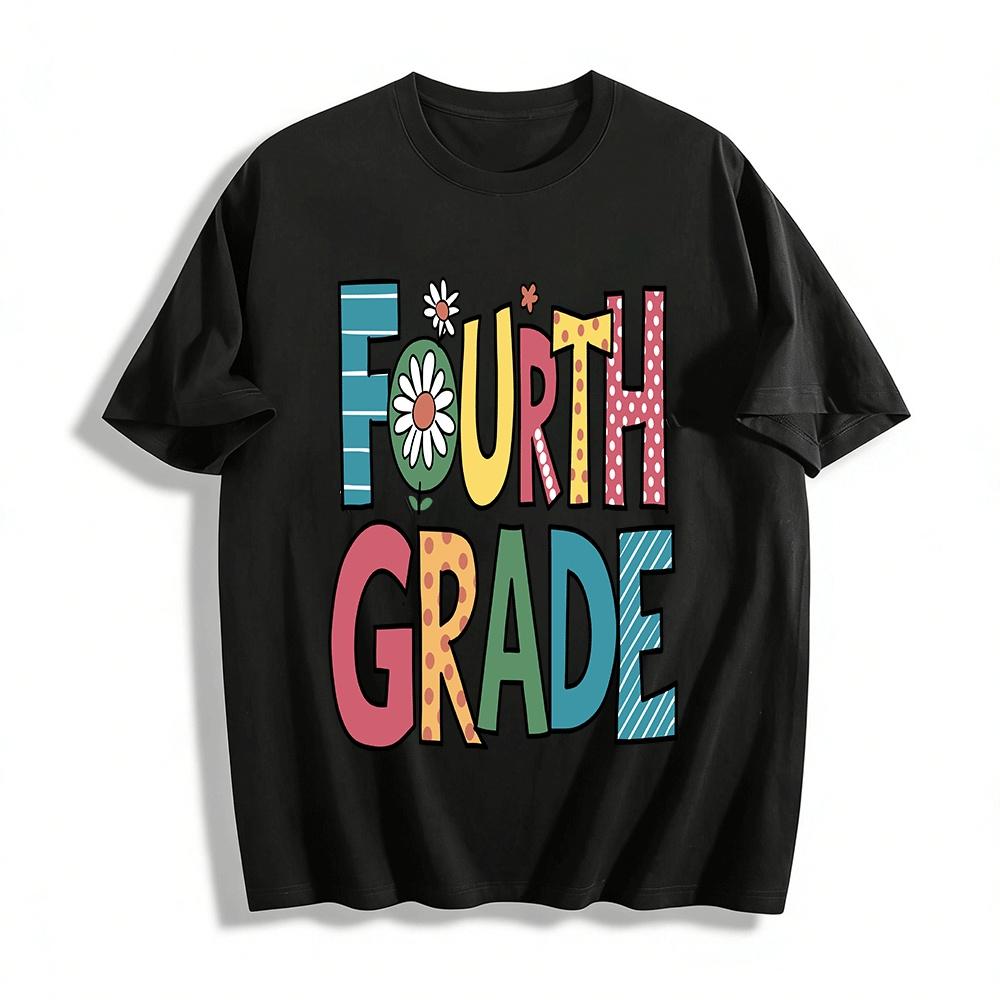 Fourth Grade Floral Print Kids Casual Back to School T-Shirt Pure cotton T-shirt