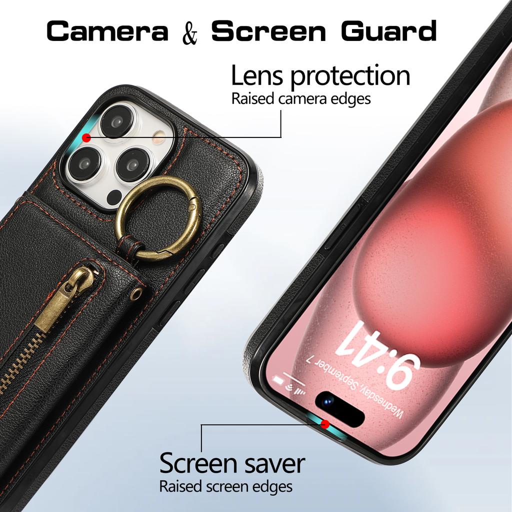 Кожаная задняя крышка для iPhone 15 Pro Max, кошелек на молнии, подставка, чехол для телефона с плечевым ремнем