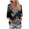 Женская блузка, повседневная, свободная, с рукавами 3/4, с кружевной отделкой, с принтом, V-образным вырезом, принтом, топы, футболки
