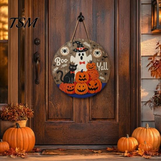Waterproof Halloween Wall Art Boo Wood Door Hanger Sign with Cute Ghost Black Hat Pumpkin Print, Front Solid Yard Decoration Porch Decor, Round Wooden