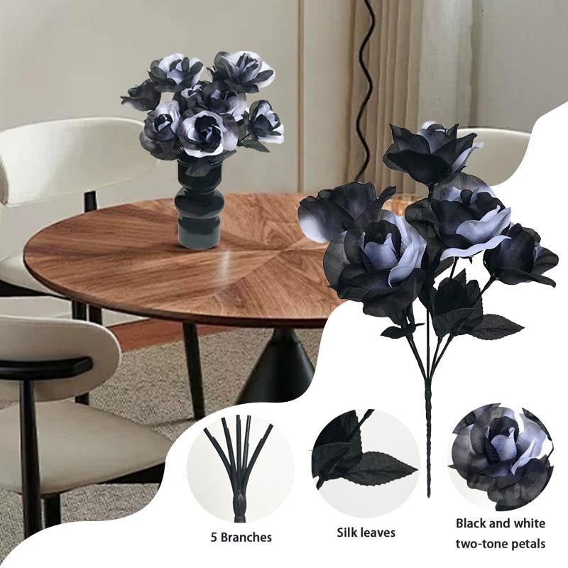 2 шт. 5 головок 34 см Хэллоуин Декор Реалистичный Букет Искусственных Цветов Готический Черно-белый Искусственные Цветы Розы Ветка