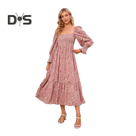 Женское платье с длинными рукавами, цветочным принтом, А-силуэтом, квадратным вырезом, миди-платьем, эластичным бюстом, открытой спиной, плиссированным подолом, весна-осень