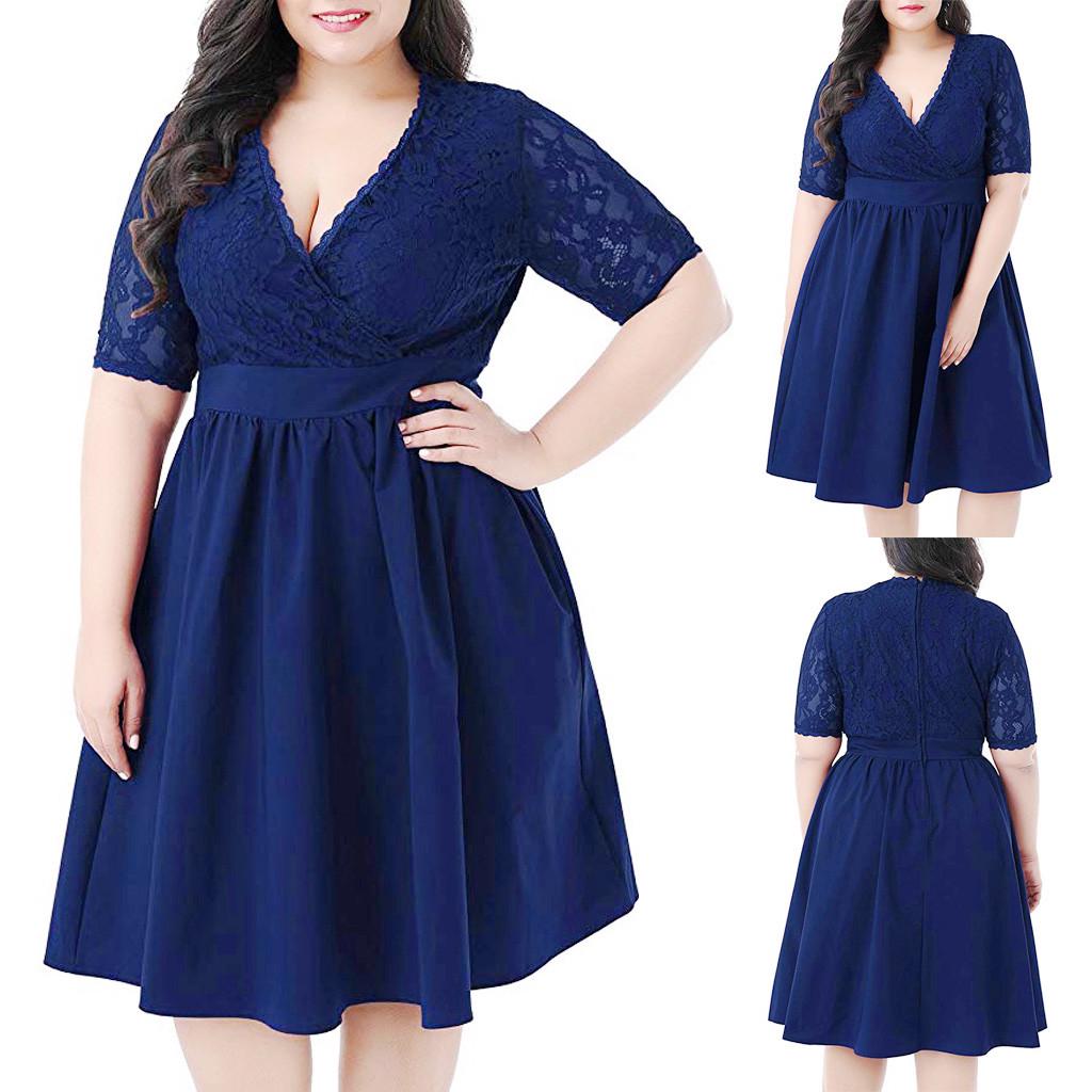 Women Plus Size V-neck Short Sleeve Sexy Lace Stitching Waist Evening Dress