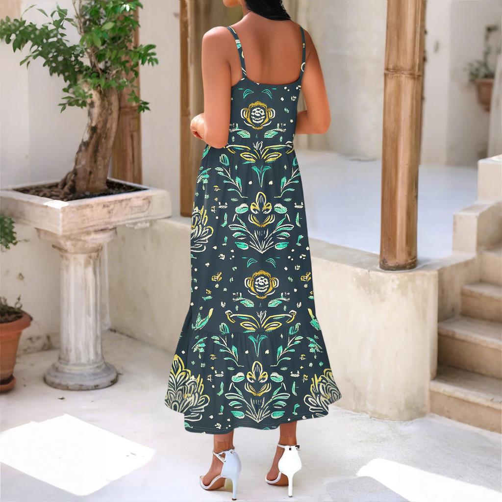 Women's Long Beach Casual Elegant Spaghetti Strap Maxi Dress Stitching Low-key Flowing Bohemian Dress