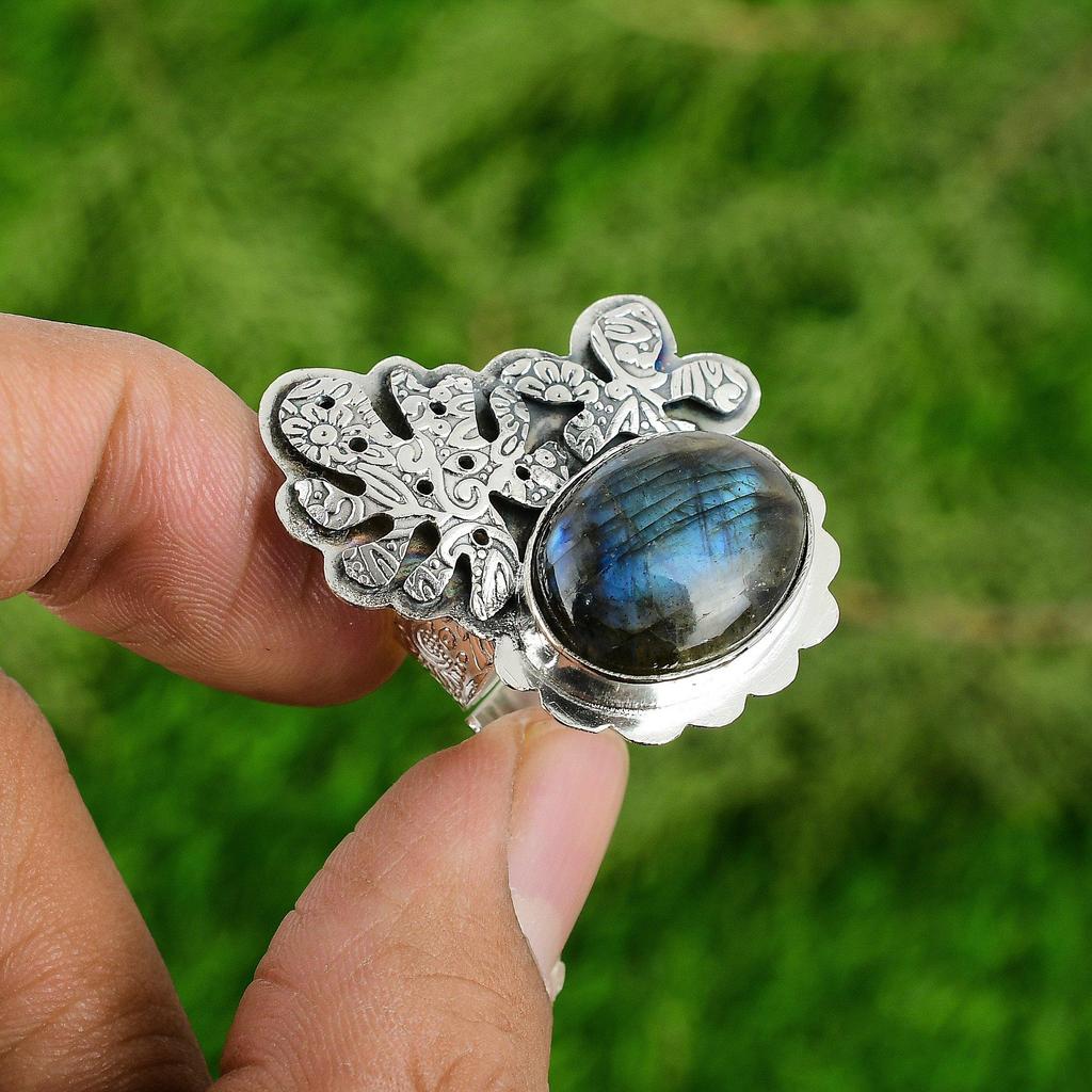 Gift For Women Statement Adjustable Ring 925 Silver Natural Labradorite Gemstone