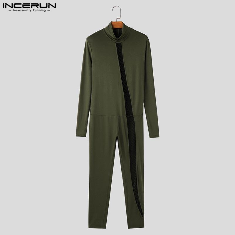 INCERUN Мужские комбинезоны с длинным рукавом в сетку в стиле пэчворк, длинные, домашняя одежда, облегающие комбинезоны