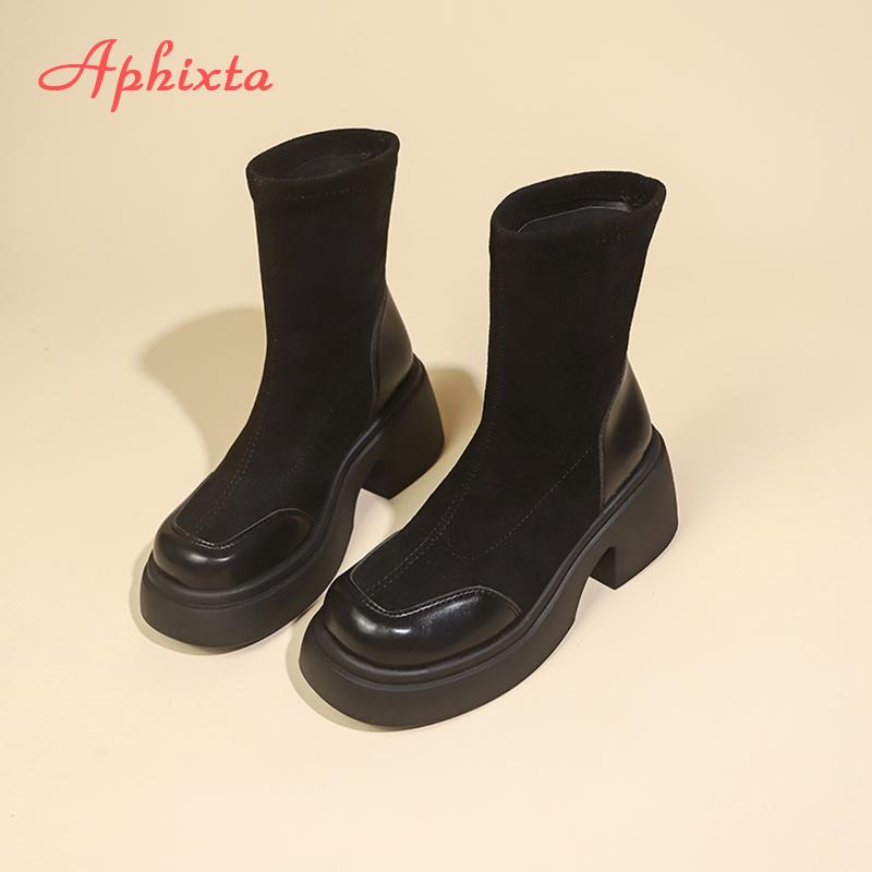 Fashion Aphixta Suede Sock Boots Women Platform 7CM High Heels Fashion Ankle Boots Autumn Winter Shoes Botas Mujer 2024 Tendencia