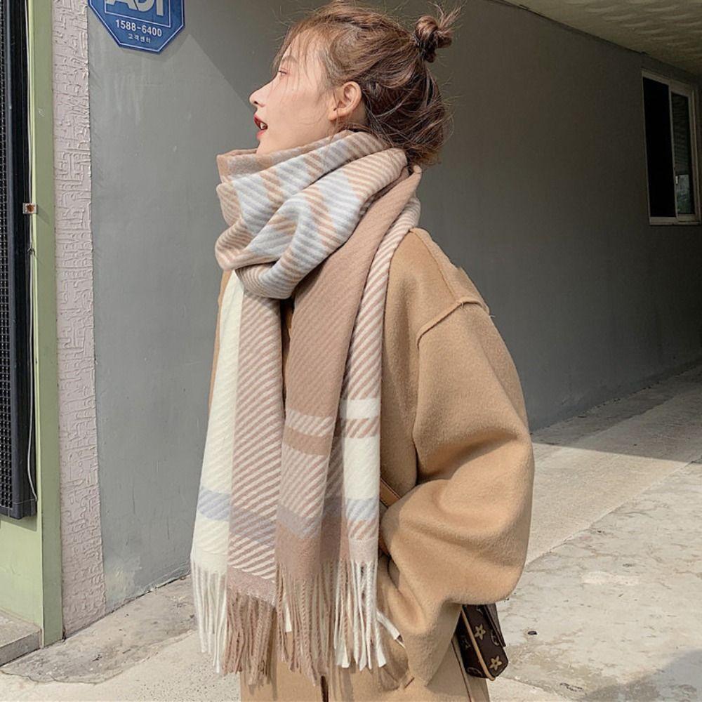 Korean Style Women's Cashmere Scarf Thickened Winter Neck Warmer Checkered Scarf  Autumn Winter
