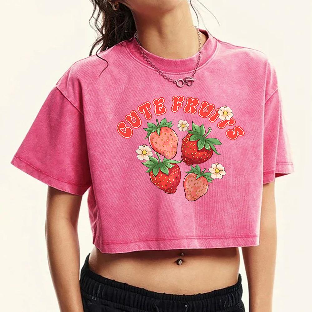 Fresh Strawberry Fruits Printing Women Washed Tops Summer T-Shirt O-Neck Slim Tee Shirts Soft Fitness Streetwear