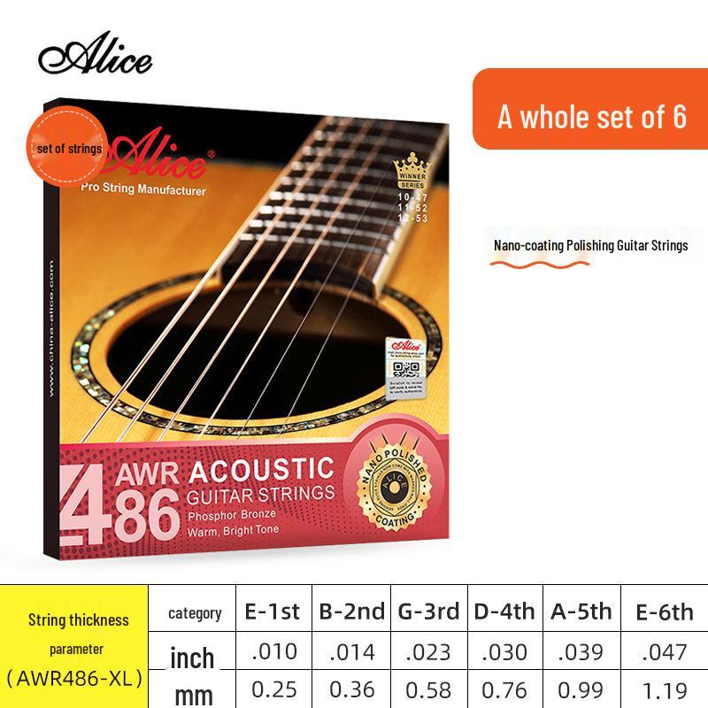 Комплект струн для акустической фолк-гитары Alice, покрытые фосфорной бронзой (6 строк)