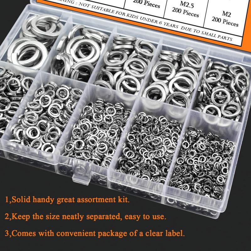 1000Pcs M2 M2.5 M3 M4 M5 M6 M8 M10 M12 304 Stainless Steel Spring Lock Washer Kit, Metric Split Washers for Screws Bolts Assortm