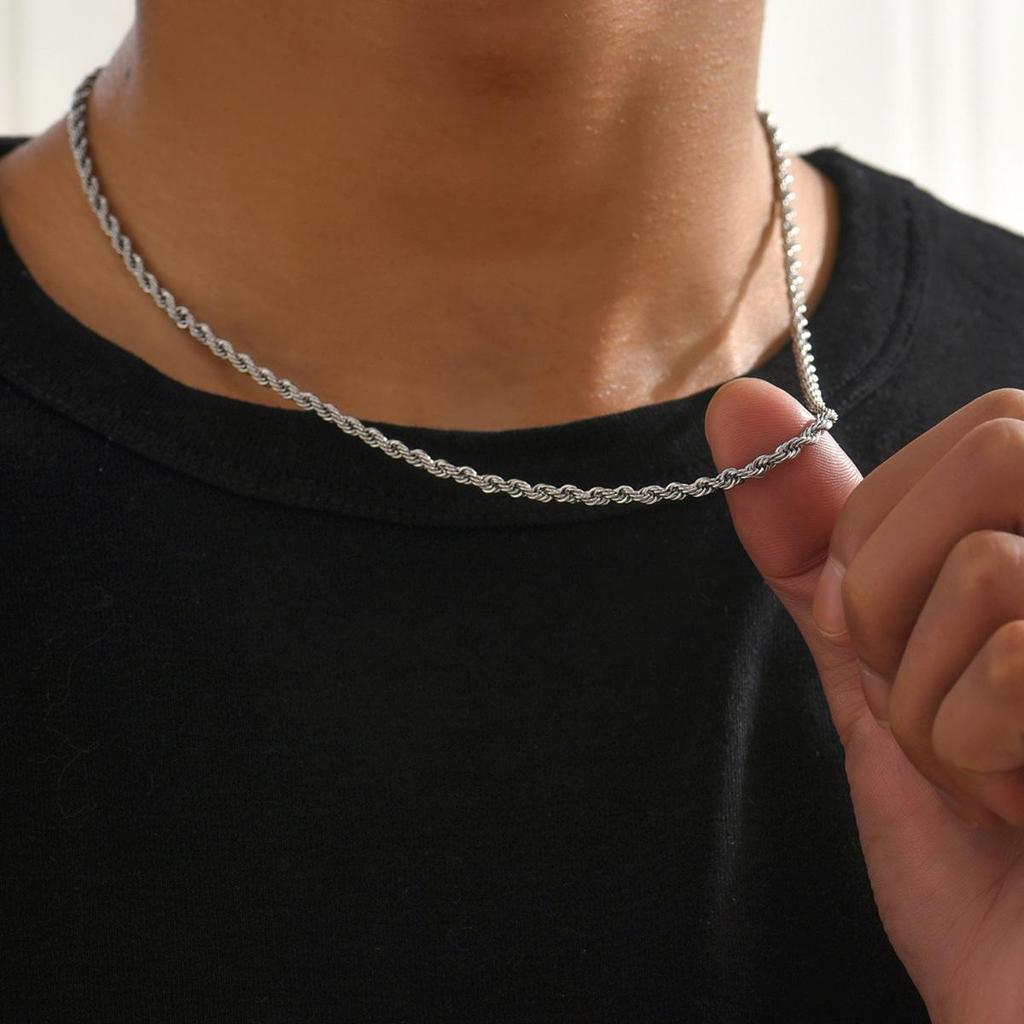 European & American Twist Rope Chain - Electroplated Stainless Steel, 3MM, Color-Preserving, Hip-Hop Style