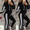 Fashion Women Casual Stripe Hooded Long Sleeve Pullove Sport Tops+Long Pants Set
