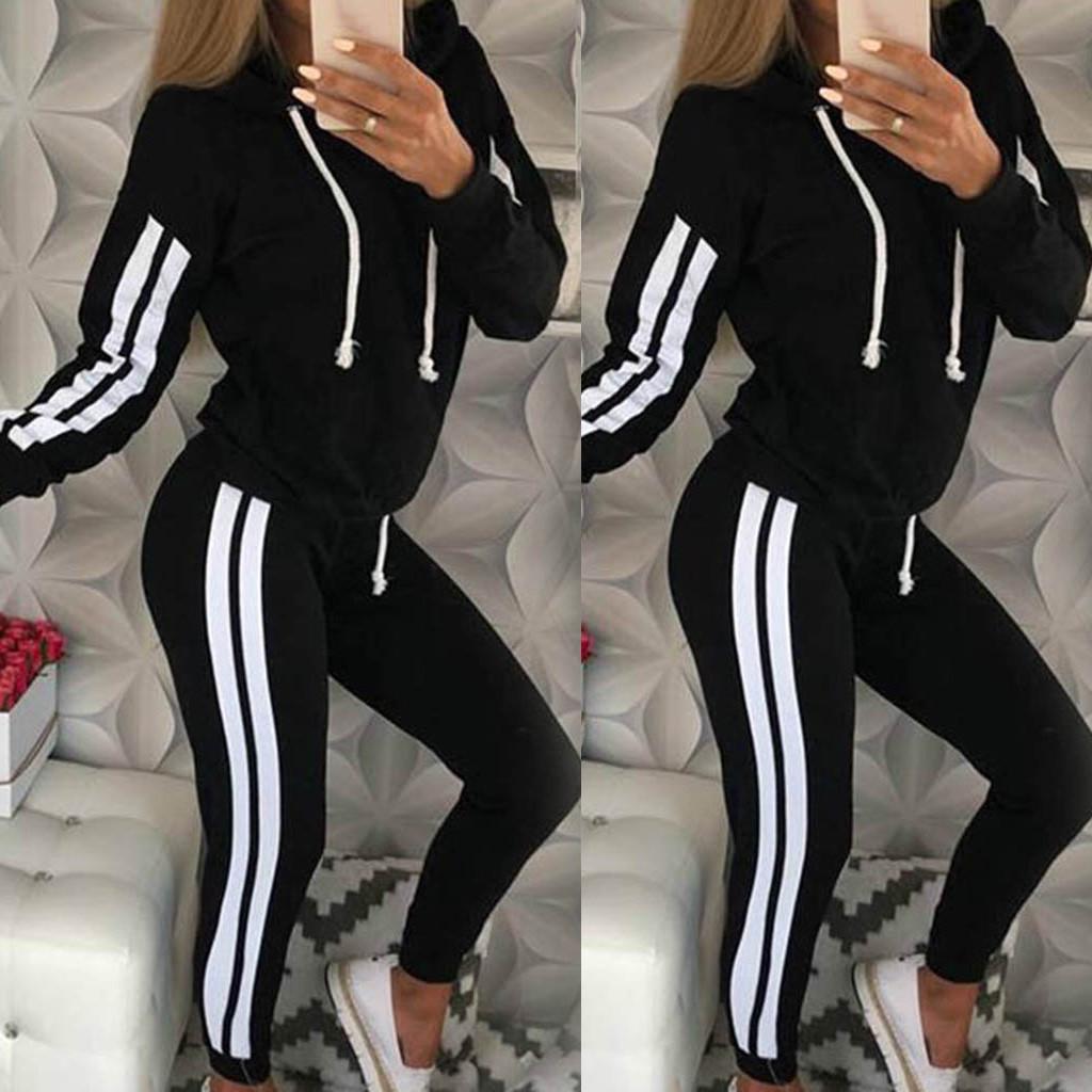 Fashion Women Casual Stripe Hooded Long Sleeve Pullove Sport Tops+Long Pants Set