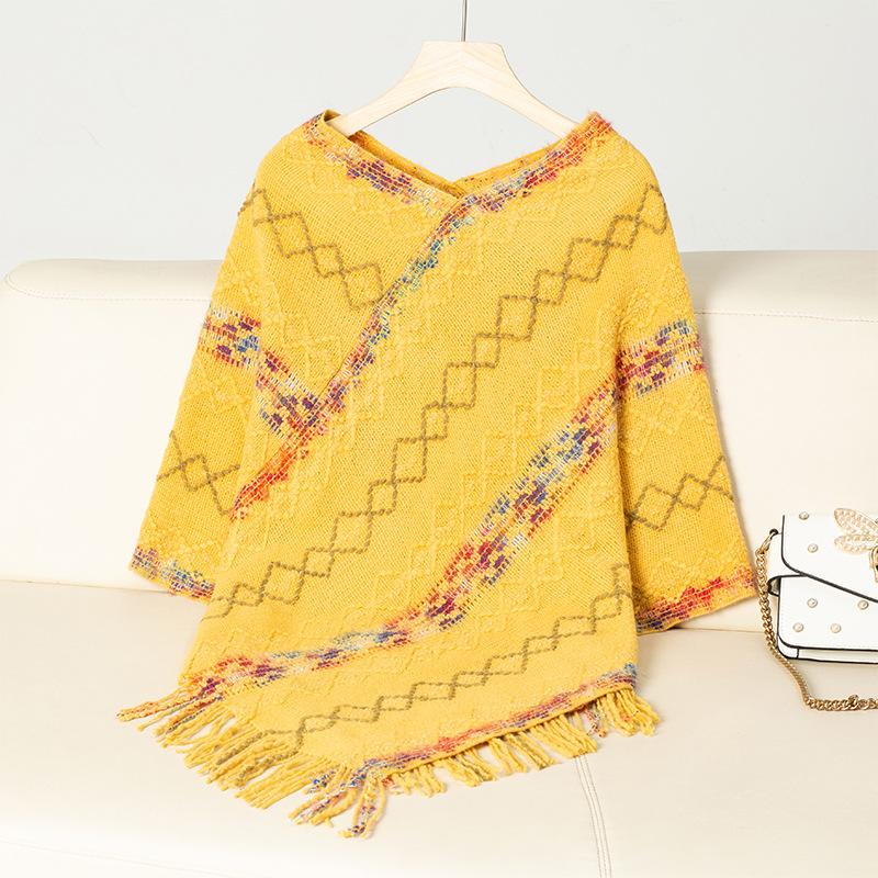 Women's Autumn and Winter Large Size V-neck Casual Cape Colorful Striped Tassel Knitted Shawl Sweater Jacket 7 Colors