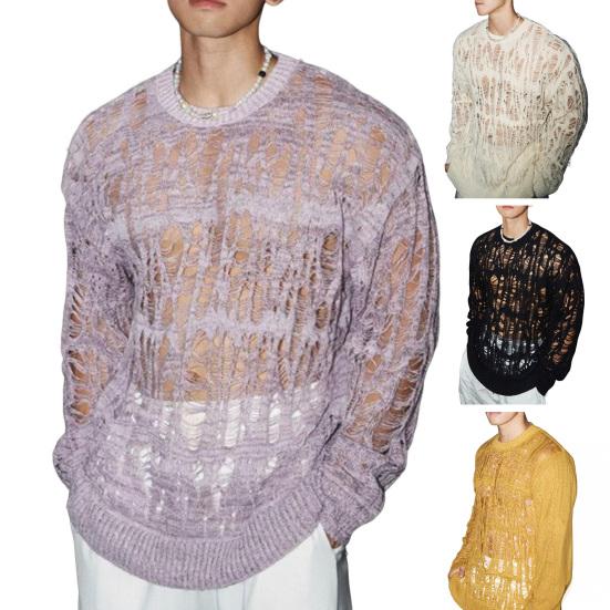 Men Tops Crew Neck Long Sleeve Knitted T-Shirt Men Clothing Retro Hollow-Out Mesh Knit Tops Spring Streetwear