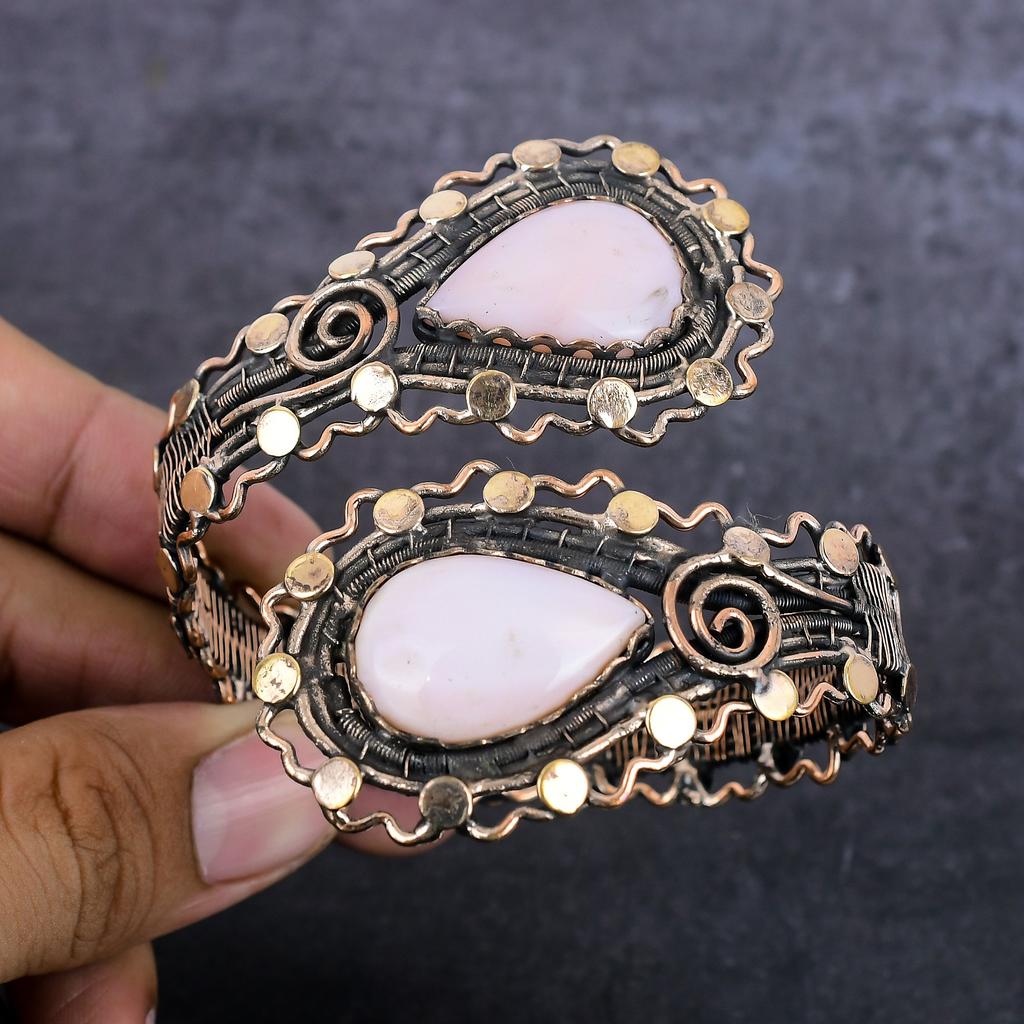 Браслет-манжета из натурального розового опала ручной работы из медной проволоки, регулируемый o8Z16