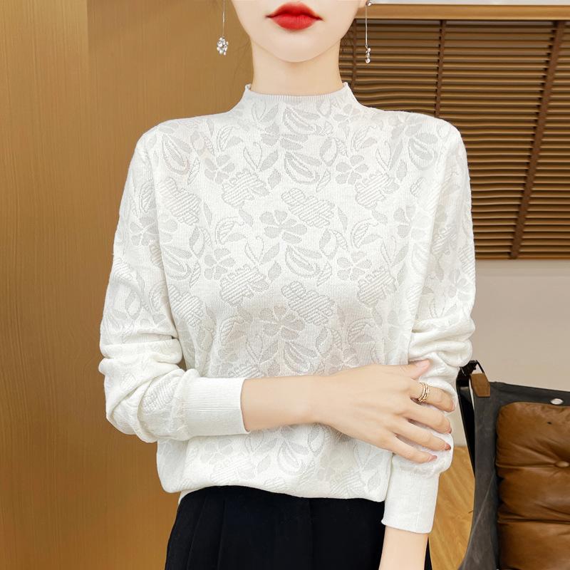 Women's Fashion Casual Fall Winter Flower Pattern Print Long Sleeve Half Turtleneck Sweaters