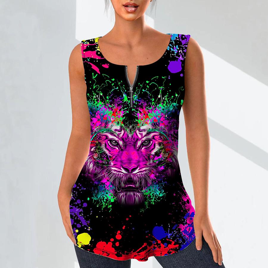 Women's Fashion V Neck Shirts Casual Tops T-shirt Ladies 3D A Mighty Tiger Print Vest Plus Size Sleeveless Blouse Tank Tops