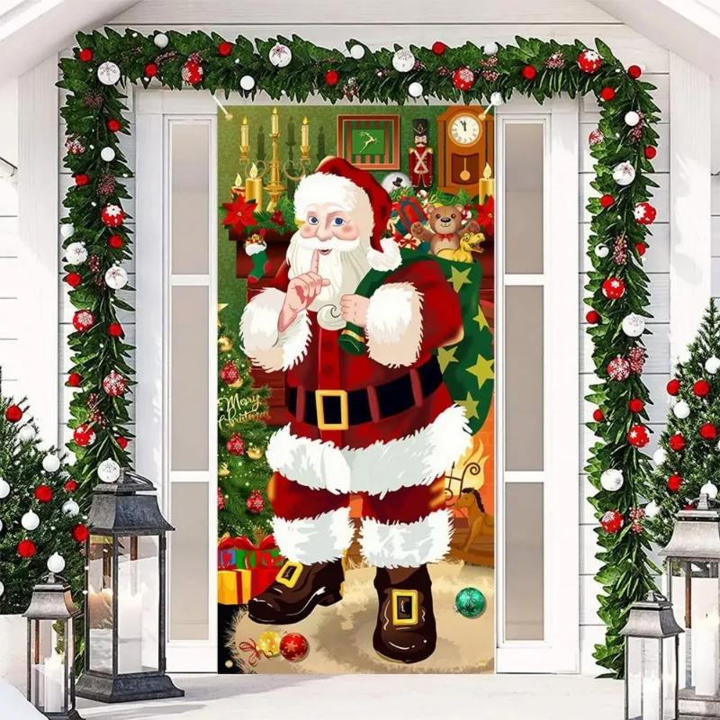 Hot Sale Christmas Door Cover Decoration Santa Claus New Year Xmas Background Decor Outdoor Photo Door Curtain Hanging Blanket