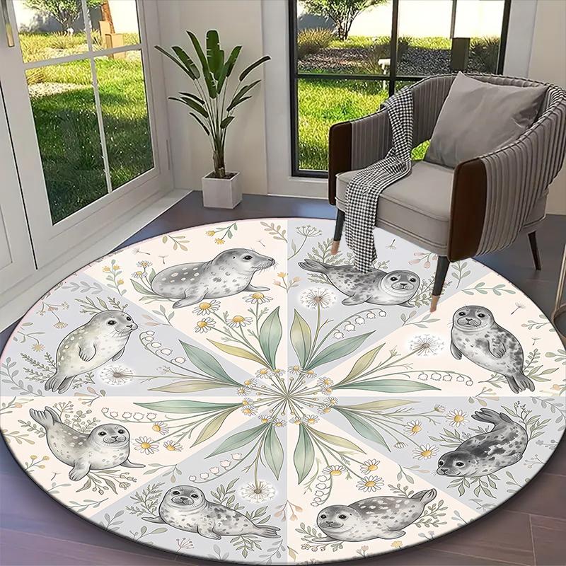 1pc Cream Floral Rabbits Rug, Digital Printed Home Chair Sofa Mat, Durable Office Round Carpet, Beautiful Festival Decorations