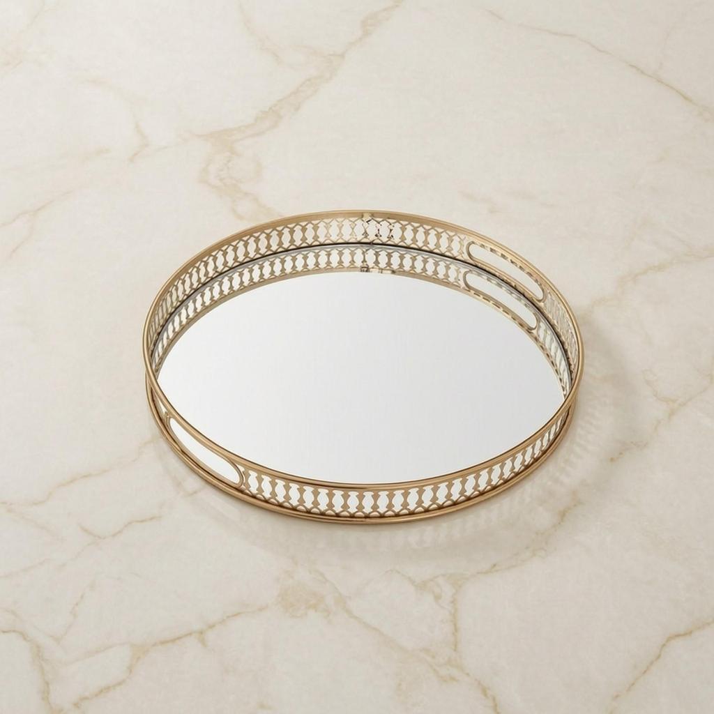 Mirrored Tray Round with Base Low Silhouette for Coffee Table