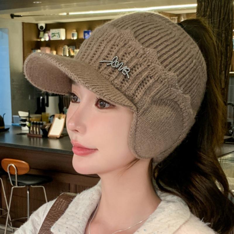 New Faux Rabbit Fur Empty Top Hat Women's Winter Riding Knitted Ear Protection Baseball Cap Fleece Warm Empty Top Running Wool Cap