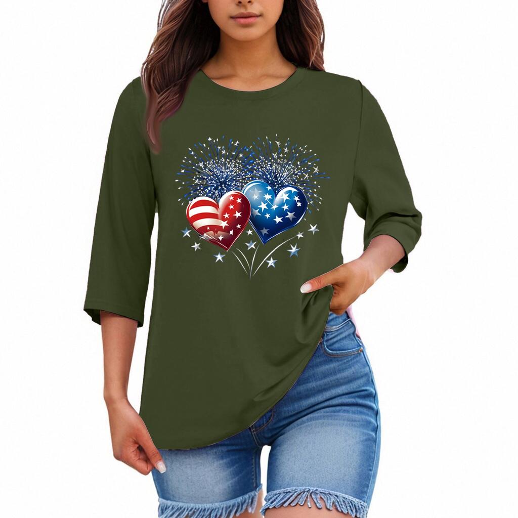 Women's Print Round Neck Top With Three Quarter Sleeves T-Shirt Three Quarter Sleeves T-Shirt