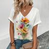 Футболка женская с цветами, повседневная футболка с 3D-принтом, модная повседневная футболка Harajuku с коротким рукавом и V-образным вырезом, свободная одежда