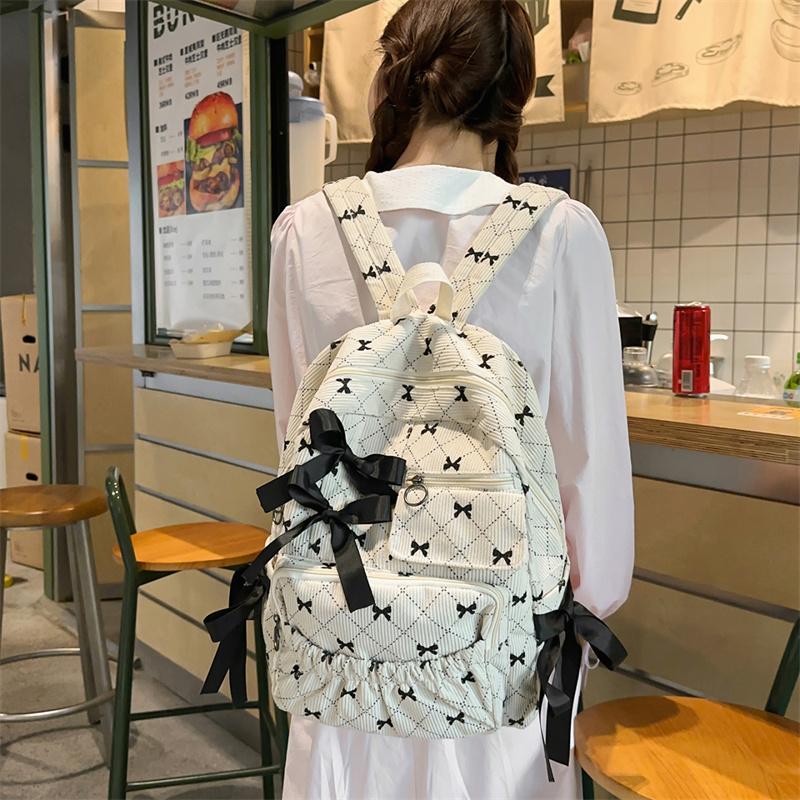 Вельветовый рюкзак большой вместимости с принтом бантика, студенческий школьный рюкзак