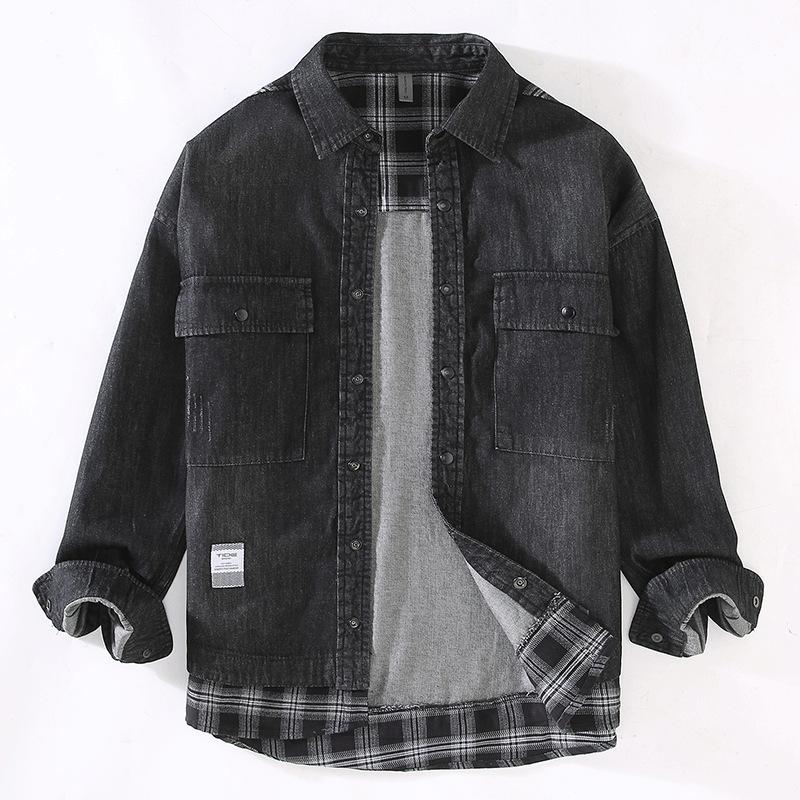 Весна/осень Чистый хлопок Повседневные джинсовые рубашки для мужчин Уличная одежда Две поддельные части Клетчатые пэчворк Свободные рубашки Стираная черная джинсовая рубашка