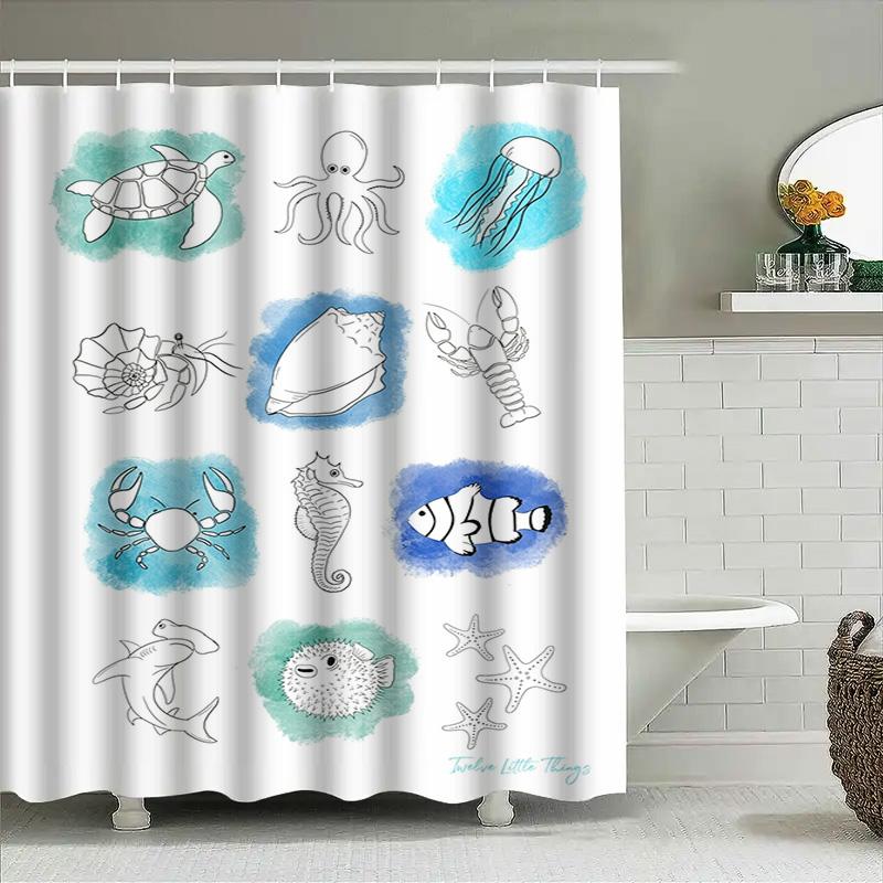 Ocean Animal Printed Shower Curtain Set Waterproof Home Decor Bathroom Accessories