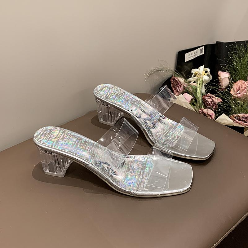 Женские тапочки с квадратной головкой, новые высококачественные летние модные прозрачные нескользящие толстые женские тапочки, большие размеры