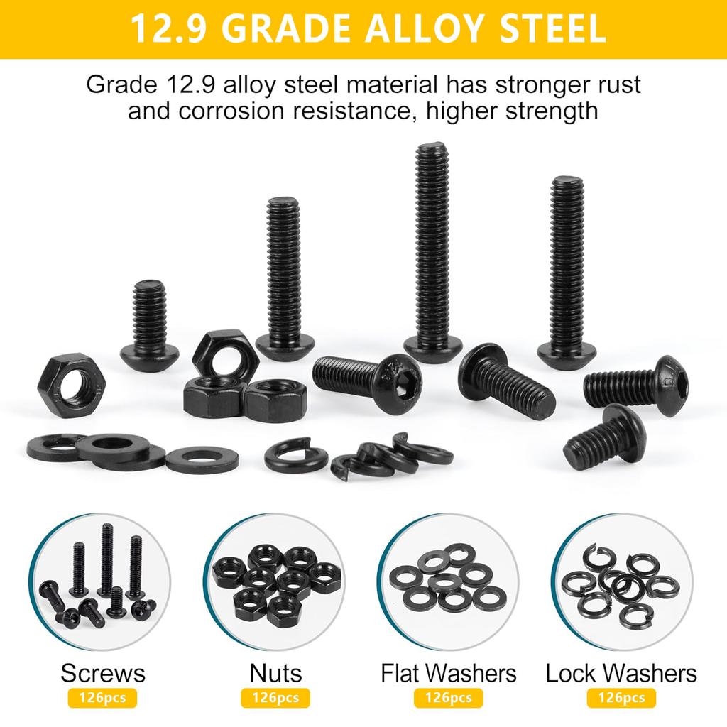 505 черные винты с полукруглой головкой и шестигранной головкой, комплект гаек и шайб