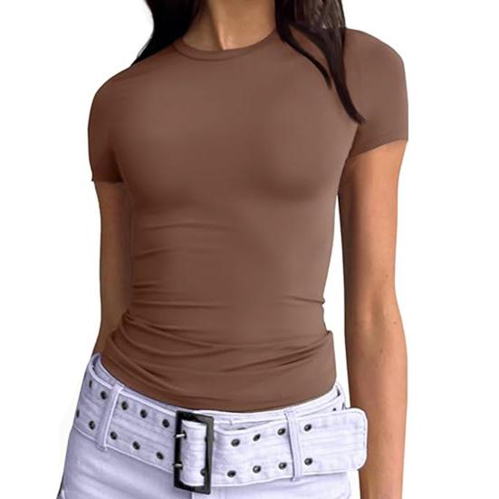 Женская футболка с круглым вырезом и коротким рукавом, однотонная футболка, облегающий летний пуловер, топы, повседневная одежда для работы