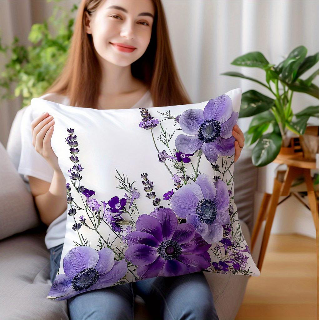 Purple Anemone Lavender Pillow Cover Vintage Botanical Floral Print Boho Wildflower Cushion Case For Sofa Bed Couch Home Decor