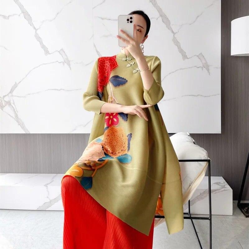 Partial Front Spring Mid Length Pleated Dress  New Vintage 3/4 Sleeve Standup Neck Loose Slim Cheongsam Style Dress Female