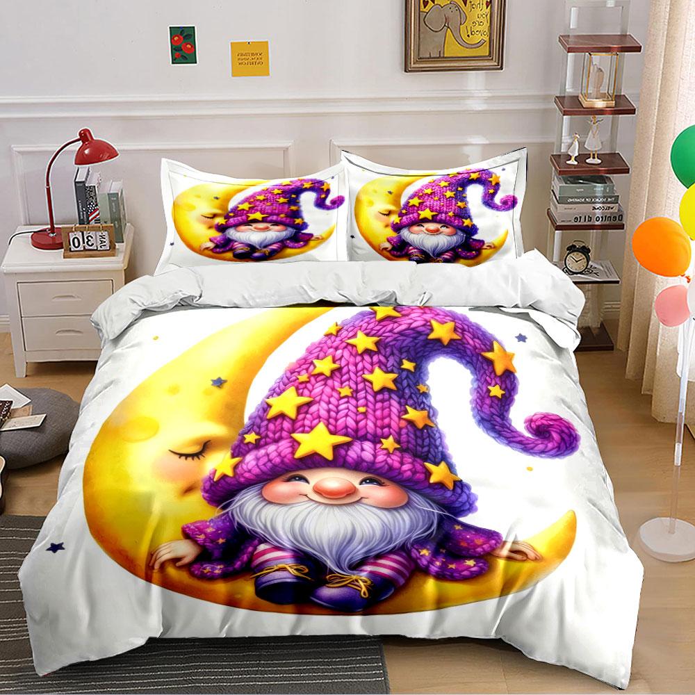 Gnome on Moon with Star Hat Bedding Duvet Cover Set (1*Duvet Cover 2*Pillowcases, without duvet insert)
