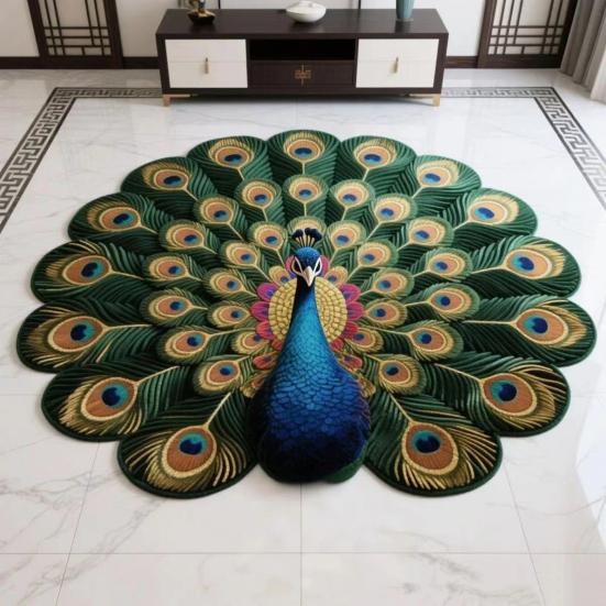 3D Peacock Pattern Plush Rug Non-Slip Backing Easy To Clean Various