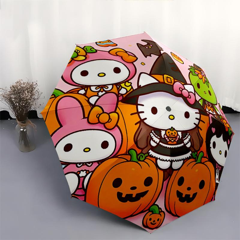 1pc Hello Kitty Halloween Pumpkin Carving Automatic Opening/Closing Umbrella with Foldable Design, 8-Bone Iron Frame Outdoor Umbrella for Festive Gift