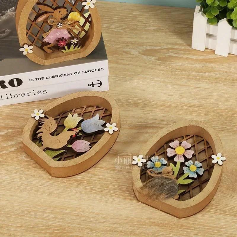 Wooden 2024 Easter Bunny Egg Ornament Rabbit Hollow Carved Flower Craft Wooden Chick Easter Egg Desktop Decoration Gift