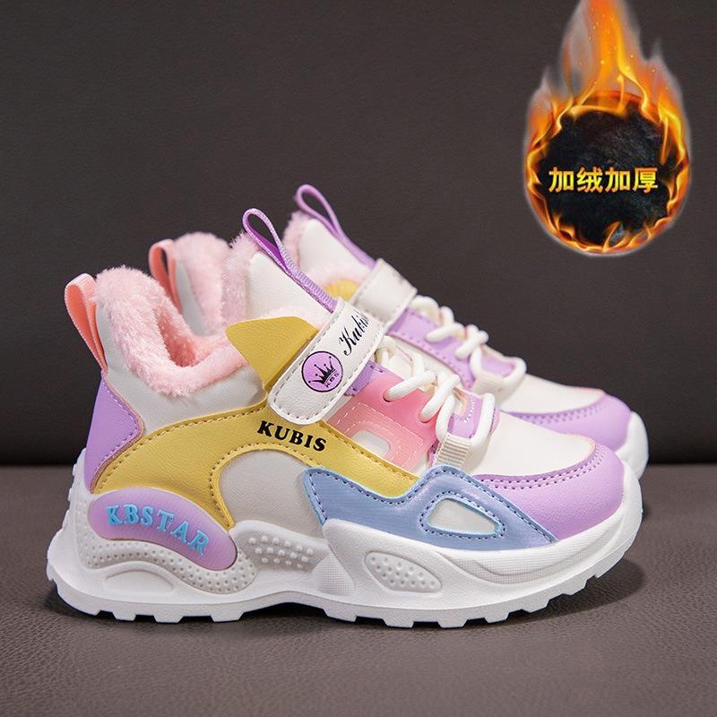 Спортивная обувь для девочек, новые зимние кроссовки с шерстяной подкладкой, для мальчиков начальной школы, хлопковая обувь для девочек, водонепроницаемая