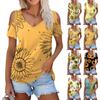 Women's Summer Fashion Casual Sunflower Printed Strapless V-Neck Short Sleeve T-Shirt Top