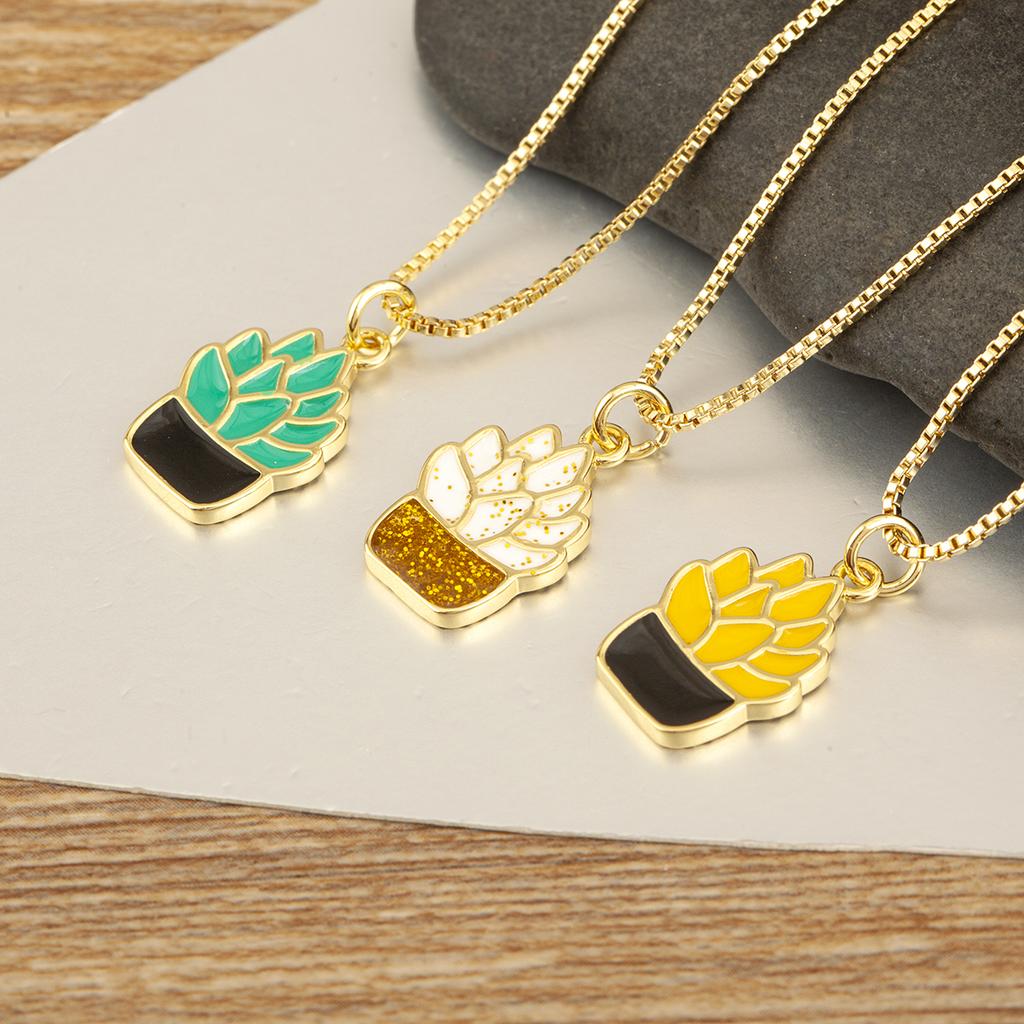 Nidin New Trendy Succulent Plant Potted Pendant Necklace For Women Female 3 Colors Choice Enamel Drip Oil Daily Party Jewelry