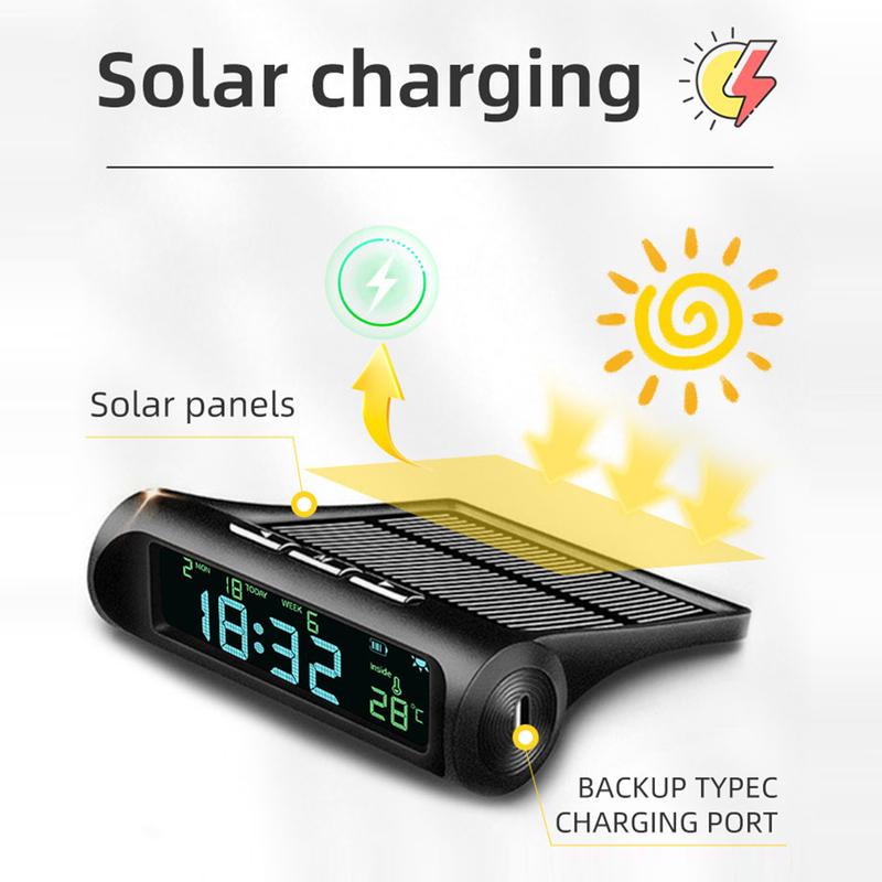 Solar Powered Car Clock with Temperature Monitor Auto Start Dashboard Digital Clock Date Week Display for Vehicle Accessories