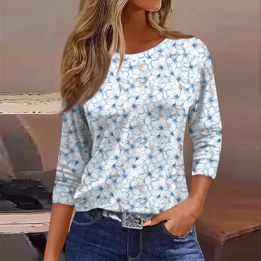 3/4 Length Sleeve Womens Tops Floral Print Vintage Fashion Casual Loose With Round Neck Plus Size Shirts