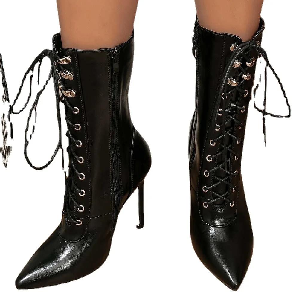 Осенне-зимние женские ботильоны, сексуальные туфли-лодочки на высоком каблуке для танцев на пилоне с острым носком, модные туфли «Челси» на молнии на шнуровке Female2024