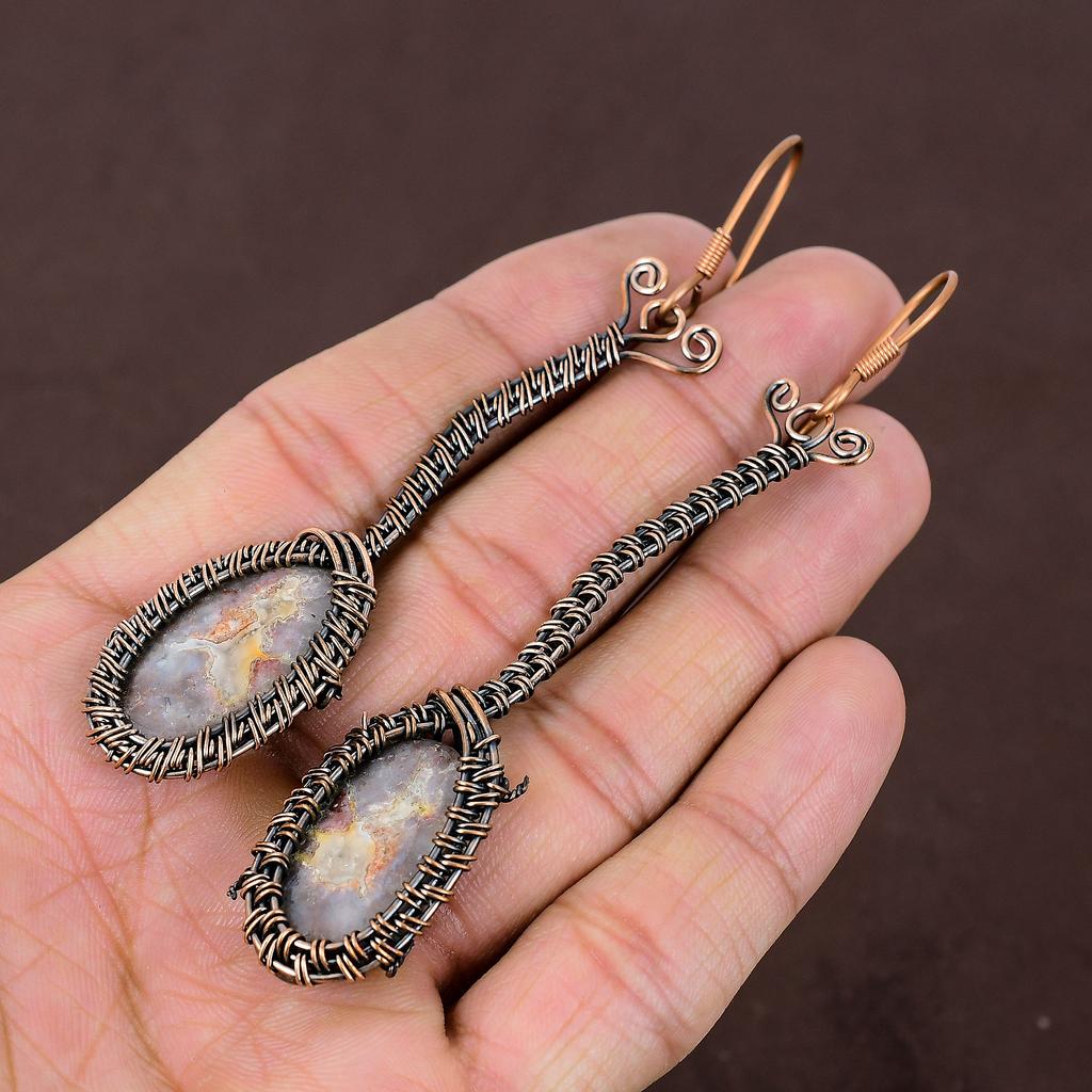 Laguna Lace Agate Handmade Copper Wire Wrap Jewelry Earring 3.86 t1F63